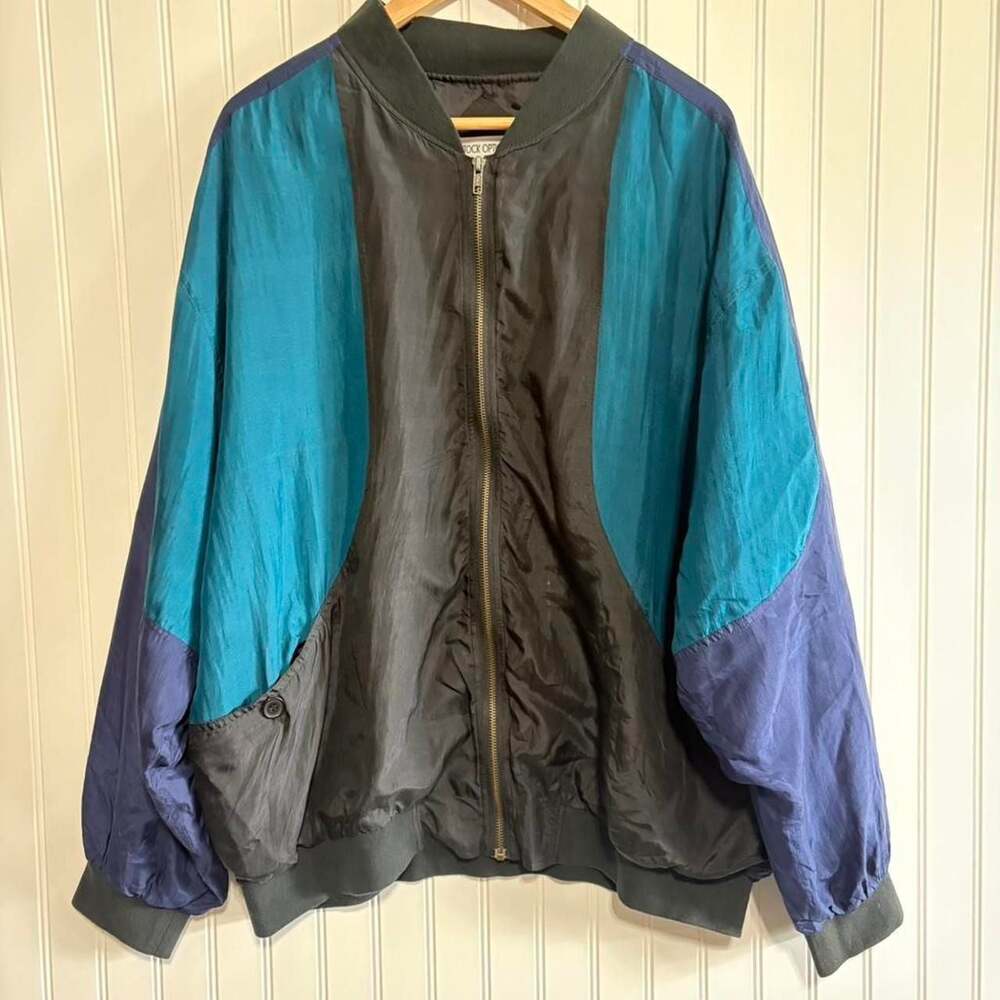 Vintage Stock Options Colorblock Bomber Jacket Teal Purple Black
